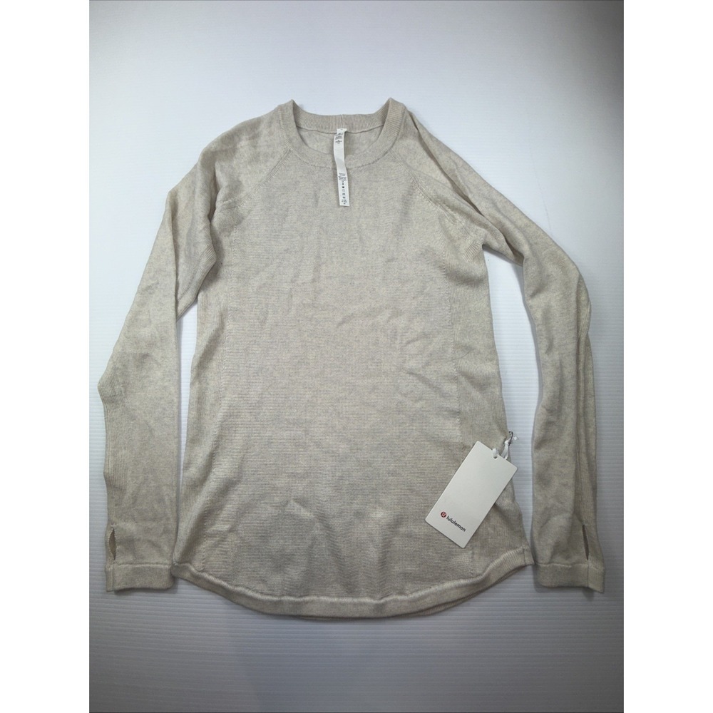 Lululemon Sweater Womens 10 Beige Sit In Lotus Merino Wool Thumbholes Pullover